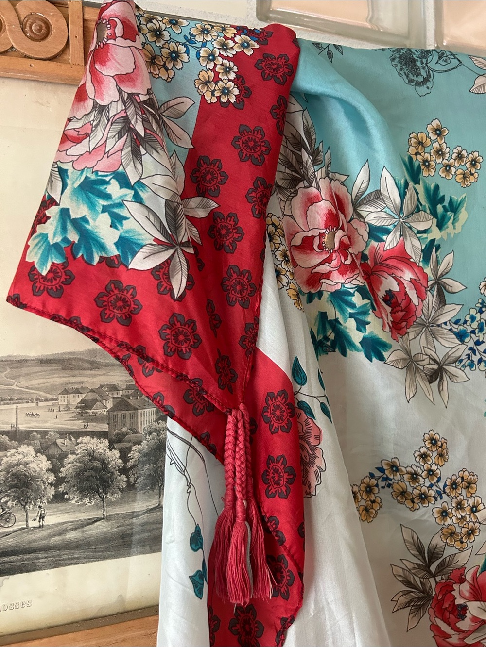 Johnny Was Silk Floral Tassel Border Scarf in Aqua and Red - Picture 6 of 7